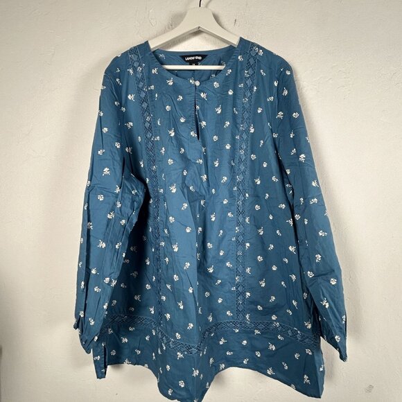 Lands' End Tops - Lands End Womens 2X Blue Floral Cotton Tunic Top Lace Detail Long Sleeve NWOT